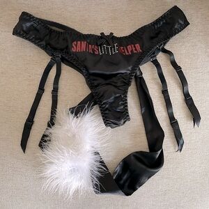 NWT Victoria’s Secret black garter scrunch panty SANTA pompom sheer rhinestone